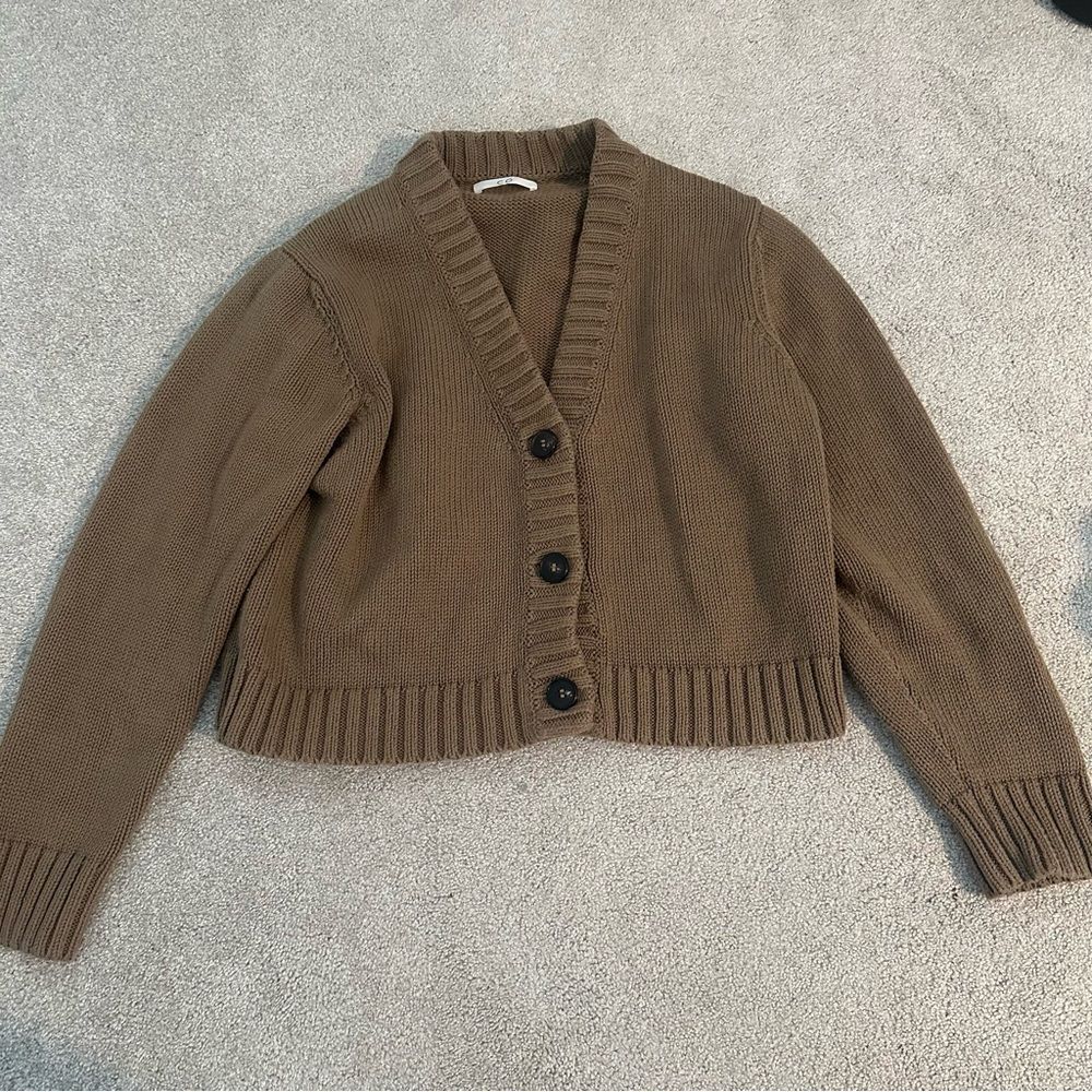 CO tan brown boxy knit organic cotton cardigan sweater women large